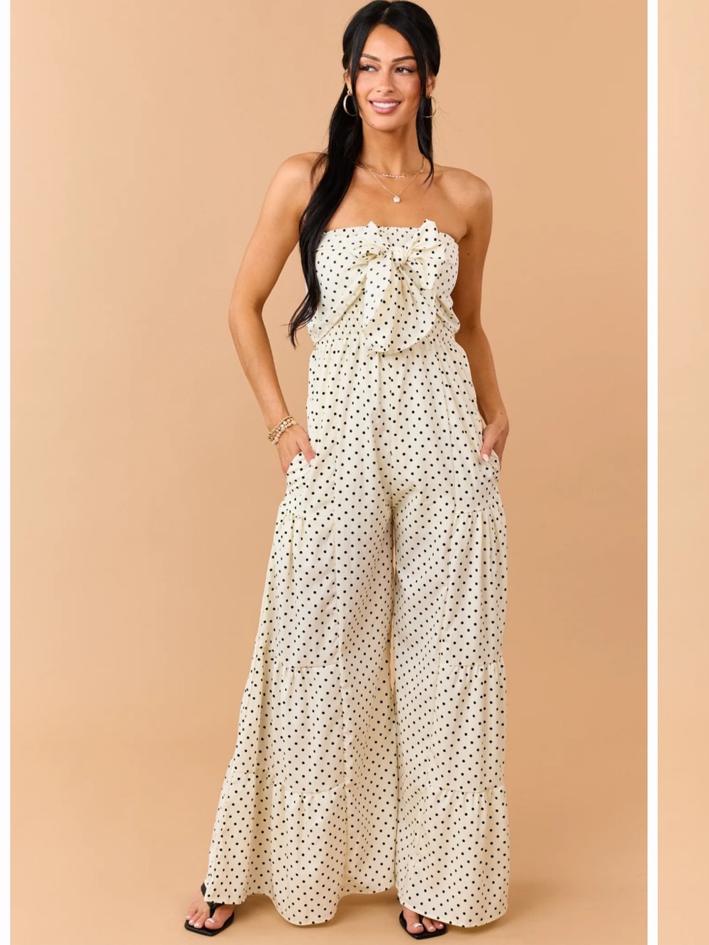 NWOT Cream Polka Dot Strapless Front Tie Jumpsuit Sz: XL - Picture 2 of 16
